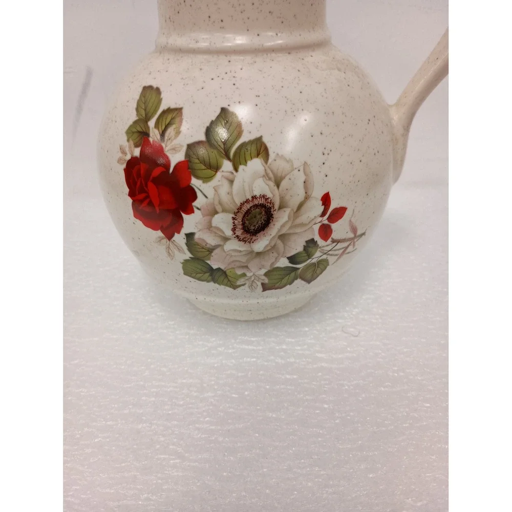 Vintage McCoy Pottery Floral Ceramic Pitcher Cream Red Flower Speckled Farmhouse
